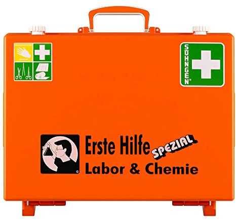 SÖHNGEN Erste-Hilfe-Koffer Labor/Chemie, Wandhalt., orange, ASR A4.3/DIN 13157, Art.-Nr. 360106 | Verbandskasten | Notfallkoffer | Erste Hilfe Kasten