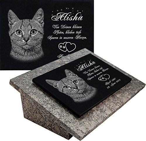 LaserArt24 Granit Grabstein, Grabplatte oder Grabschmuck mit dem Motiv Katze-gg08s und Ihrem Foto/Text und Daten