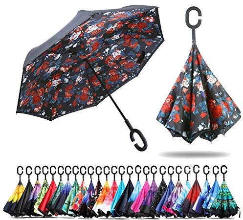 NNY Inc Double Layer Inverted Umbrella Cars Reverse Open Folding Umbrellas, Windproof UV Protection Large Self Stand Upside Down Straight Umbrella for Golf Women and Men with C-Shaped (Bella)