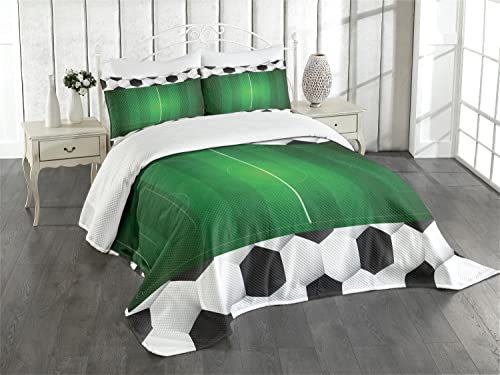 ABAKUHAUS Fußball Tagesdecke Set, Football Field Goal, Set mit Kissenbezügen Waschbar, für Einzelbetten 170 x 220 cm, Schwarz Grün