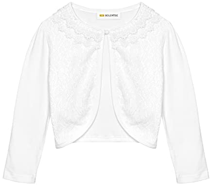 Bolerose Mädchen Lange Ärmel Blumen Spitze Bolero Strickjacke Kinder Zucken (Weiß, 13-14 Jahre)