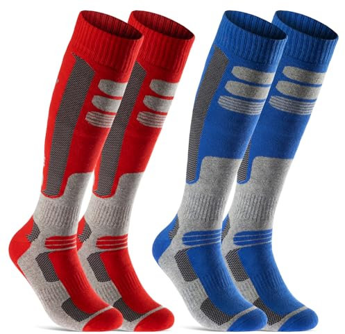 sockenkauf24 2 Paar Skisocken Herren Damen Ski Kniestrümpfe Atmungsaktiv WP (Blau | Rot, 43-46)