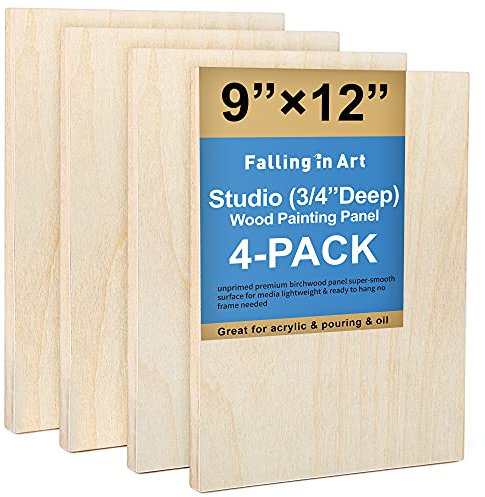 Falling in Art Unfinished Birch Wood Canvas Panels Kit, 4 Pack of 9x12’’ Studio 3/4’’ Deep Cradle Boards for Pouring Art, Crafts, Painting and More