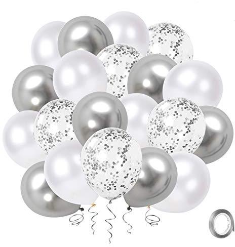 Luftballons Helium Silber Konfetti, 50 Stück 12 Zoll Silber Metallic Chrome Weiß Ballons Set mit Silber Band für Hochzeit Geburtstag Muttertag Baby Shower Valentinstag Dekorationen
