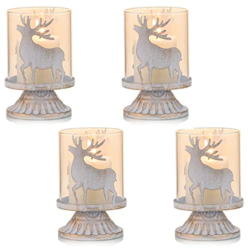 Sziqiqi 4er Set Vintage Kerzenleuchter Kerzenhalter Windlichthalter aus Metall für Stumpenkerzen, Hurricane Kerzenständer Dekoration für Party Weihnachten Tisch Mantel Kamin, Weiß