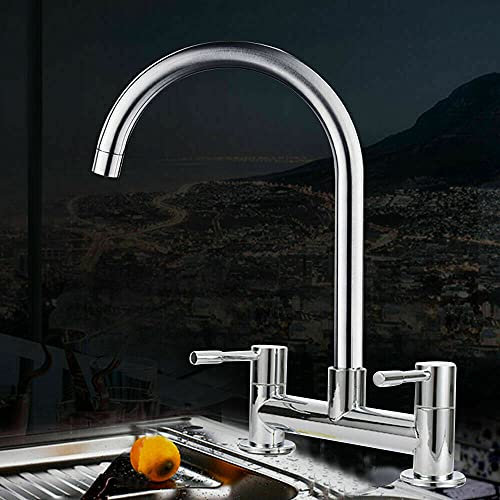 Kitchen Sink Mixer Taps, 2 Hole 1/4 Turn Dual Lever Chrome Modern Kitchen Tap, 360° Swivel Spout Brass Basin Faucet, 180mm Centres Deck Mounted, UK Standard Fittings