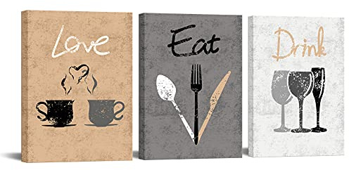 RyounoArt 3-teiliges Leinwandbild mit Aufschrift Eat Drink Love, Vintage-Küchengemälde, inspirierende Kunstdrucke für modernes Zuhause, Esszimmer, Restaurant, Café, gerahmt, fertig zum Aufhängen