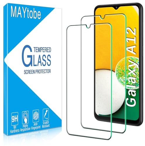 MAYtobe 2 Unidades Protector de Pantalla para Samsung Galaxy A12, Cristal Templado Antiarañazos, Antihuellas, Sin Burbujas, Dureza 9H, 0,33mm Ultra Transparente, Ultra Resistente