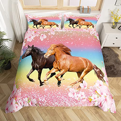 Filles Cheval Parure de Lit 220x240cm Chevaux Rose Floral Housse de Couette Galloping Farmhorse Blossom Flower Ensembles de Housse de Couette Wild Animal Cherry Blossom Glitter Fille Chambre