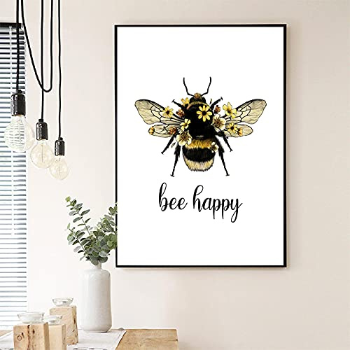 Dittelle Inspirierendes Zitat Poster Bee Happy Print Be Yourself Bumblebee Sunflower Wall Art Canvas Painting Natural Print Decor 30x40cm Frameless