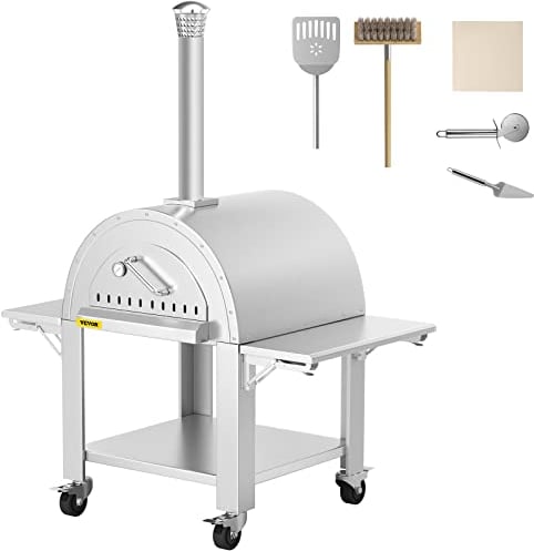 VEVOR Wood Fired Outdoor Pizza Oven, 32 Size, 3-Layer Stainless Steel Pizza Maker with Wheels for Outside Kitchen, Includes Pizza Stone, Pizza Peel, and Brush, Professional Series