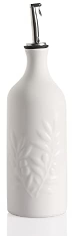 Sweejar Ceramic Olive Oil Dispenser Bottle, 20 Oz Relief Opaque Oil Cruet Protects Oil To Reduce Oxidation, Suitable for Storage Oil, Vinegar, Soy Sauce, Coffee Syrup, Liquids, Pack of 1 (White)