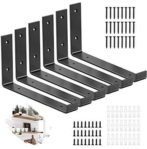 6 Pcs Heavy Duty Shelf Brackets, 9 inch Black Shelf Brackets Scaffold for Scaffold Board Shelving, Rustic Wall Mounted Shelve L Shape (225 x 140mm)