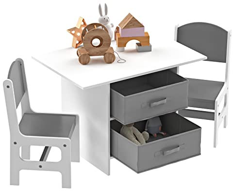 Duffy Kids Table and Chairs Set, Children Activity Desk with 2 Chairs, 2 Removable Drawers, Wooden Toddler Table Chair Set for Boys Girls (White/Grey)
