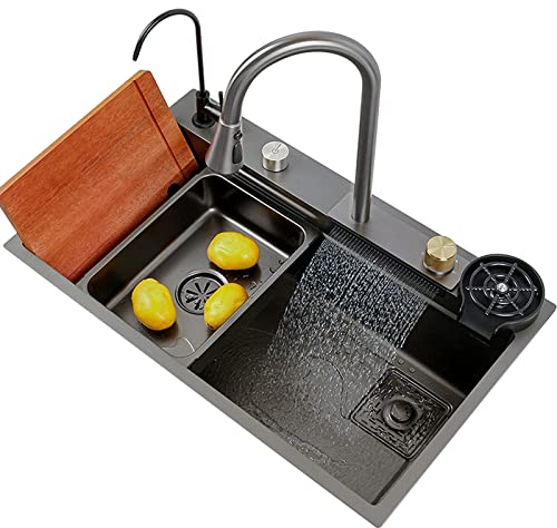Fregadero de cocina, fregadero de lluvia volador, fregadero doméstico, fregadero de lavavajillas, fregadero individual, fregadero de lugar de trabajo con grifo extraíble, tabla de cortar