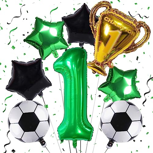 Football Balloons 1st Birthday Decoration for Boys, Kids Soccer Birthday Party Supplies with Championship Trophy Balloon, Number 1 Foil Black Green Sports Party Decor