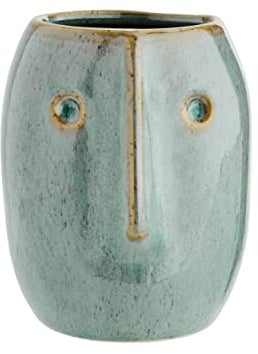 Madam Stoltz kleine Vase mit Gesicht-Prägung grün beige H 10 cm Steingut Skandi