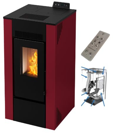 Stufa a Pellet ventilata Alida 9 Stagna 8,74 Kw Bordeaux 4 Stelle 83,70 m2 riscaldabili On Fire Line (Stufa + Kit canalizzazione + Telecomando)