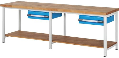 eurokraft | Werkbank | Gestellbauweise Serie 8000 | 2 Schubladen 150 mm | 2 Ablageböden | BxT 2500 x 700 mm