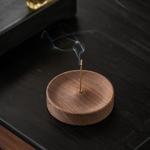 LEZED Holz Räucherstäbchen Halter 9 * 9 * 2CM Messing Räucherstäbchenhalter Runder Weihrauchbrenner Halter Incense Stick Holder Räuchergefäß Meditation Zubehör für Heimdekoration, Meditation und Yoga
