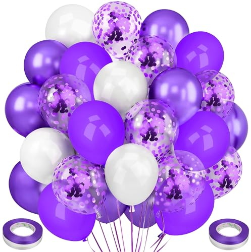 Ziamzra Ballons Lila Set 12 Zoll Luftballons Geburtstag Metallic Konfetti 60 Stück Ballon Violett Weiße Helium Latex Ballons mit Bändern für Hochzeit Kinder Party Jubiläum Deko