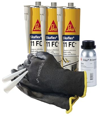 Sikaflex 11 FC weiß 3x 300ml mit Primer 207 und 5x Düsenspitzen - ideal für die Verklebung von Aluminium und Stahl