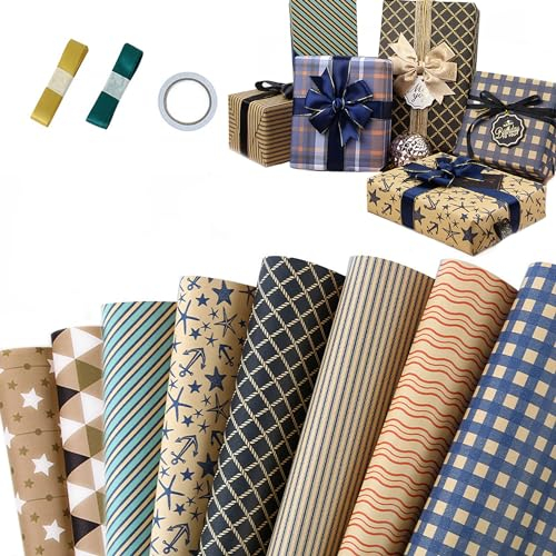 Dantolo Papier Cadeau Kraft, 8 Feuilles 50 * 70 CM Emballage Cadeau Papier Brun, Papier Anniversaire d'Emballage avec Corde D'emballage + Ruban Adhésif Double Face