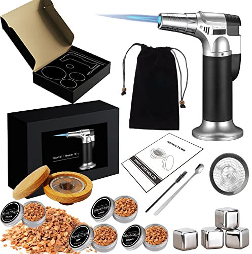 Kit de Fumoir Cocktail, MKNZOME Kit de Fumoir à Whisky à l'ancienne avec 4 Saveurs de Copeaux de Bois Ensemble Fumeur Cocktail Cadeau d'anniversaire Noël Fête des Pères pour Homme, Papa, Mari
