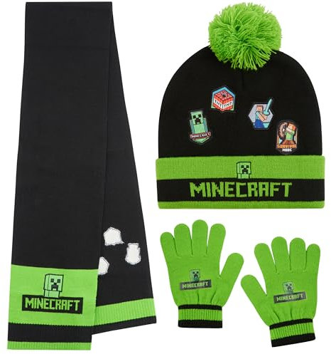 Minecraft Écharpe, Gant et Bonnet pour Garçon, Accessoires Hiver - Gaming Cadeau Enfants (Vert/Noir Character)
