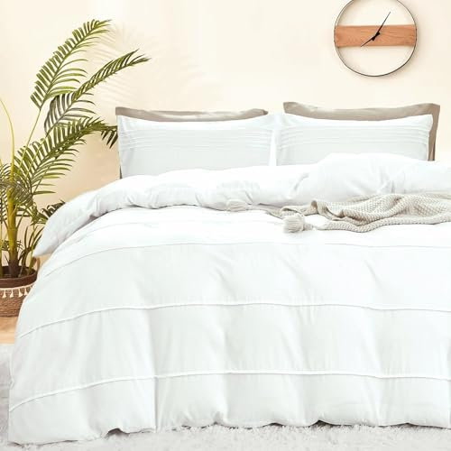 DJY White Duvet Cover Double Size - Boho Pleated Duvet Cover Set, 3PCS Soft and Breathable Textured Bedding Set with Zipper Closure (White, 200x200cm)