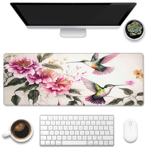 Desk Mat,Colibri and Pink Flowers Large Gaming Mouse Pad for Desk XL,Birds and Floral Desk Pad,Extended Big Computer Keyboard Mouse Pad with Non-Slip Base and Stitched Edge 31.5x11.8