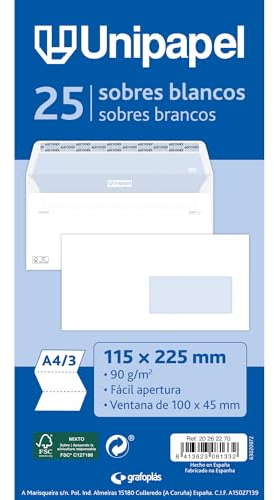 Unipapel | Confezione da 25 buste con finestra destra (100 x 45 mm) 90 g | Dimensioni: 115 x 225 mm | Chiusura diritta con striscia autoadesiva in silicone Autodesk | Facile apertura | FSC | Perfetto