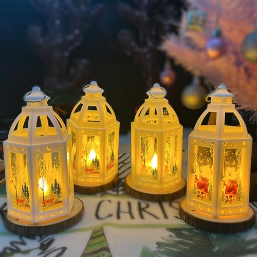 4 Pièces Lanternes Décoration Noël Personnalisée, Lanterne LED Noël Suspendue, Lampe à Bougie Deco Noel Interieur Extérieure avec Arbre Père Noël Elk Bonhomme Neige,Lumière Blanc Chaud,13x7 cm