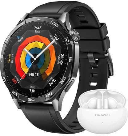 HUAWEI WATCH GT 5 46mm Smartwatch,Design elegante, Nuova modalità corsa e ciclismo, Monitoraggio della salute, 14 giorni1 di durata della batteria, iOS e Android, Nero + FreeBuds 5i Bianco
