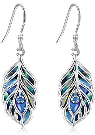 Pfau Feder Ohrringe Sterling Silber Abalone Muschel Feder Ohrhänger Federschmuck für Damen Frauen