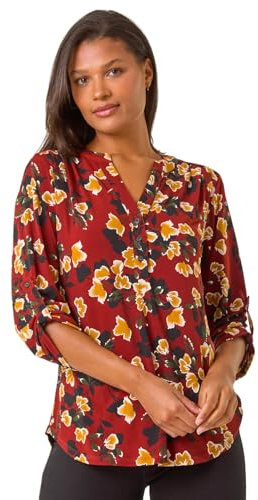 Roman Originals Shirt for Women UK Ladies Top Collarless Blouse Stretchy Tunic Smart Casual Autumn Winter Jersey 3/4 Length Sleeve Notch V Neck Flattering Office Work - Wine Yellow - Size 20