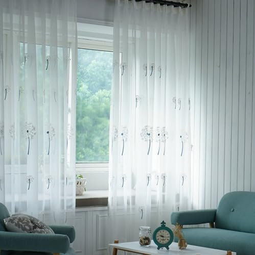 Aotiwe Gardinen Halbtransparent, Deko Gardinen Pusteblume Bestickt Blau Weiß Boho Vorhang Küche Gaze 2er Set 107 x 214cm