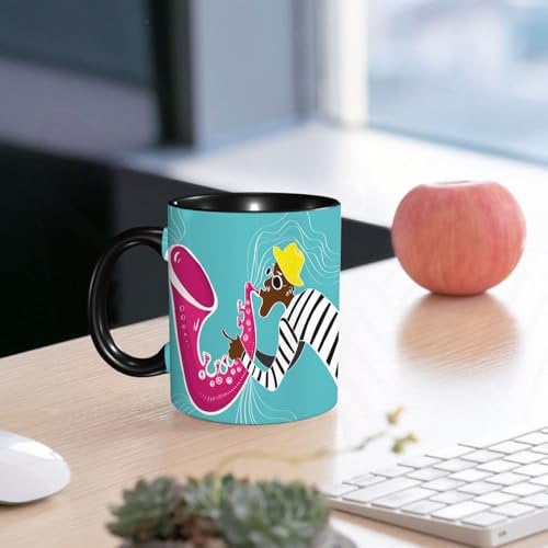 SDAEMQ Tasse Kaffeetassen,Musik-Jazz-P. Von einem Jazz-P mit Saxophonist,Große 330ml Mit Henkel 100% Handbemalt Trinkgläser Keramik,versch. Frauen,Jahrestag,Muttertag