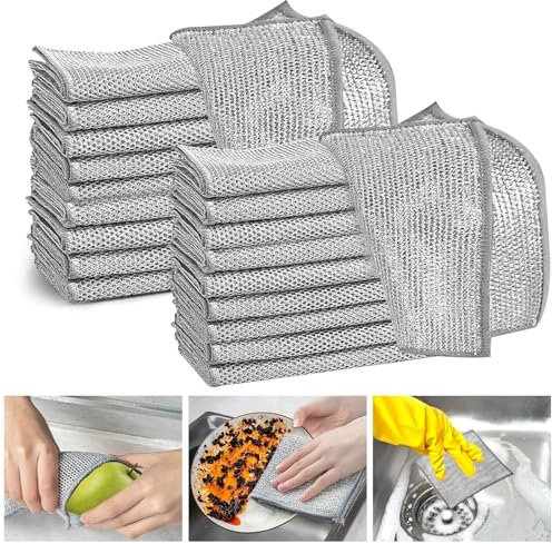 GmwyCzV 20 Stück Silbernes Reinigungstuch, Wiederverwendbare Geschirrtuch, Multipurpose Wire Dishwashing Rags, Starke Entfernung Haushalts Tuch, Antihaftbeschichtet Mehrzweck Geschirrspüllappen