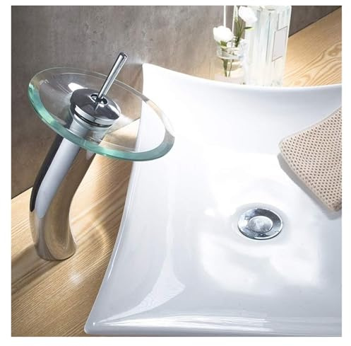 Glass Waterfall Bathroom Faucet, Single Handle Chrome Mixer Tap with Tempered Glass Disk, Modern Basin Faucet for Hot and Cold Water(31cm)