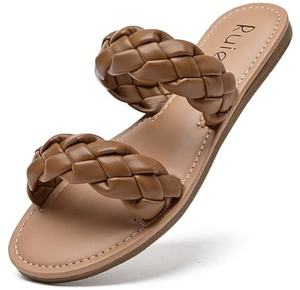 Ruiee Women's Flat Slides Sandals,Summer Casual Comfortable Beach Cool Braided Strap Slippers Shoes for Women.(LR22002,Brown,Size7)