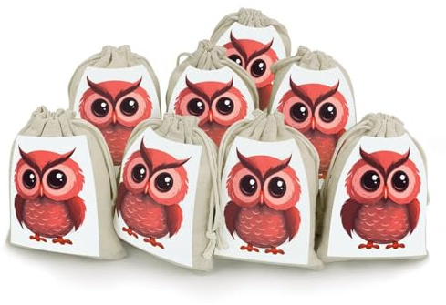 QMNBTES Geschenktüten mit süßer roter Eule mit Kordelzug, 8 Stück, Musselin-Beutel, Stoff-Geschenkbeutel, kleine Kordelzugbeutel, Stoff-Geschenkbeutel, Geschenkbeutel, Kordelzug-Geschenkbeutel