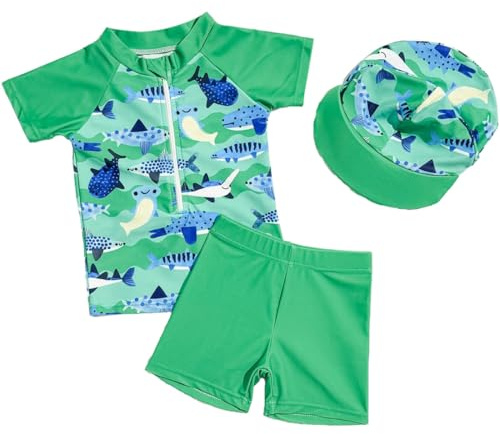 2-teilig Kleinkind Baby Jungen Badeanzug UPF 50+ UV-Schutz Kurzärmel T-Shirt + Badeshorts mit UV-Schutz Sonnenhut Rashguard Reißverschluss Badeset Schwimmanzug