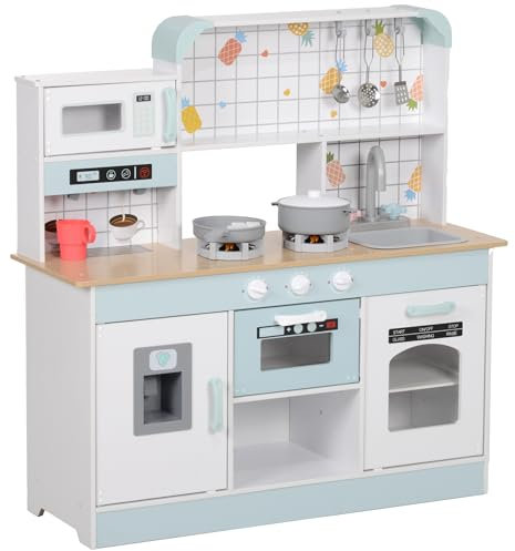 AIYAPLAY Kinderküche Puppenküche mit Geräuschen, Lichtern, Kaffeemaschine, Mikrowelle, Ofen, Eiswürfelmaschine, Küchenzubehör, Spielküche für Kinder 3+ Jahre, Weiß