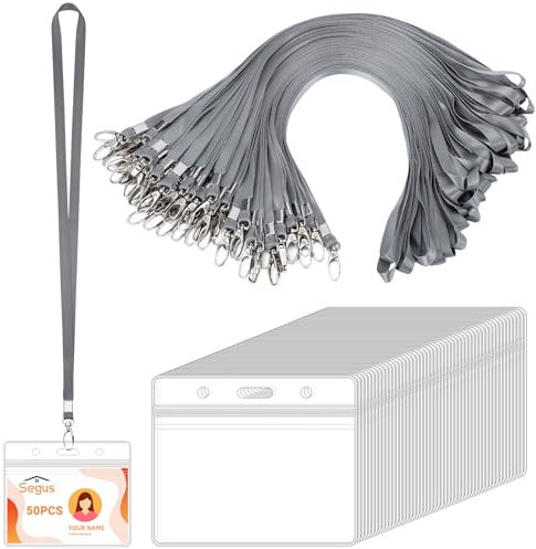 Segus Porte Carte avec Cordon, 50 Pièces Cordon Tour de Cou avec Porte Badge Plastique, Protege Carte avec Lanyard, Transparent et Imperméable, pour Bureau, École (Gris Foncé, Horizontal)