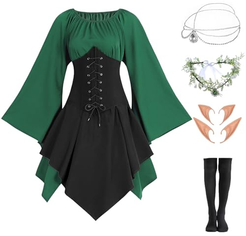 FOVER Mittelalter Gothic Kleidung Damen Traditionelles irisches Kleid Renaissance Grünes Kleider Karneval Halloween Kostüm Piraten Cosplay Outfit mit Kopf Kette Blumenkranz Elfenohren Overknee Socken