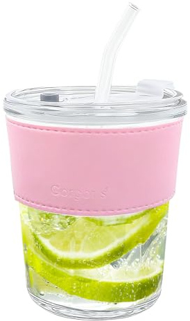 LTHERMELK Tumbler with Straw and Lid - 400ml Glass Straws, Cold Brew Iced Coffee Cup for Car Travel, Reusable Frosted Glass Tumbler with Leather Sleeve & Straw (Pink)