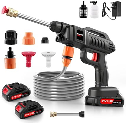 Rondella ad alta pressione a batteria, max 60 bar, pistola ad acqua mobile ad alta pressione con attacco del rubinetto e batteria da 2 batterie da 2000 mAh, senza fili con spruzzatore di schiuma, 2