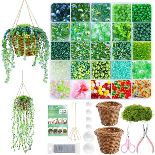 Wurosi 4074 Pcs Green Glass Beaded Plant Kit with Rattan Basket & Chains | Forever Plant Bead Kit with Manual,Green Beads,Glass Bead,Plant Beads for Jewelry Making Beaded Plants,Suncatcher,Decor Gift