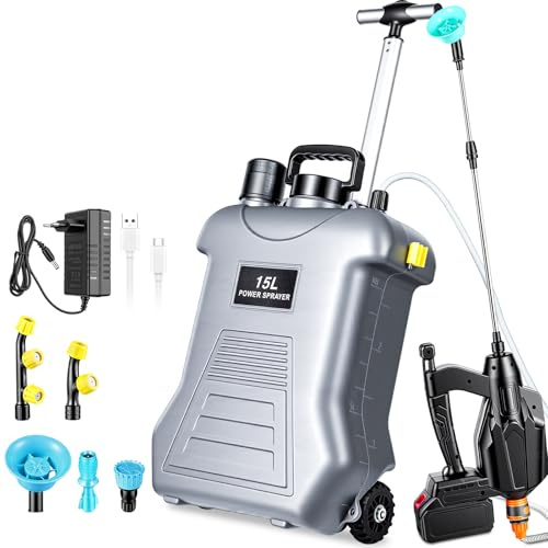 Dibaful Akku Drucksprüher 15L Elektrische mit 21V 3000mAh Akku 3-Stufige Druckeinstellung | Kompatibel mit 18V Batterie Drucksprühgerät mit 5 Düsen für Gartenspritze Unkrautspritze Wassersprüher